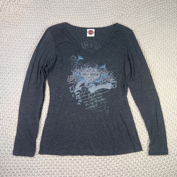 Y2K Harley Davidson Buffalo New York Dark Grey Long Sleeve Top Tshirt - Size XL - Picture 1 of 7